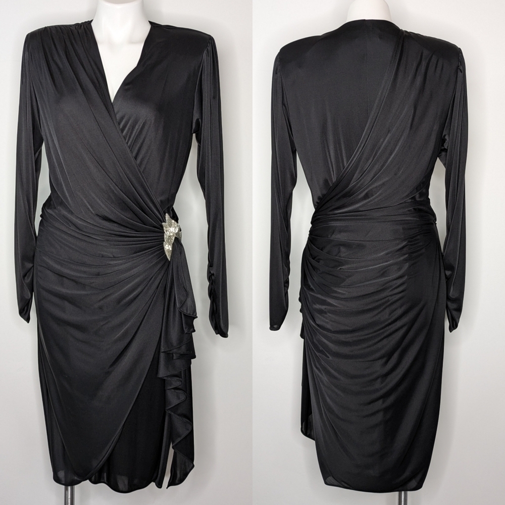 Vintage Abby Kent black beaded accent v neck wrap dress 12